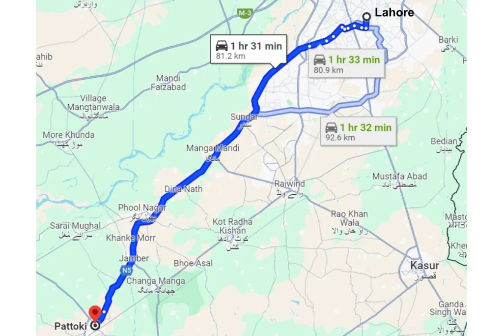 Lahore to Pattoki Map